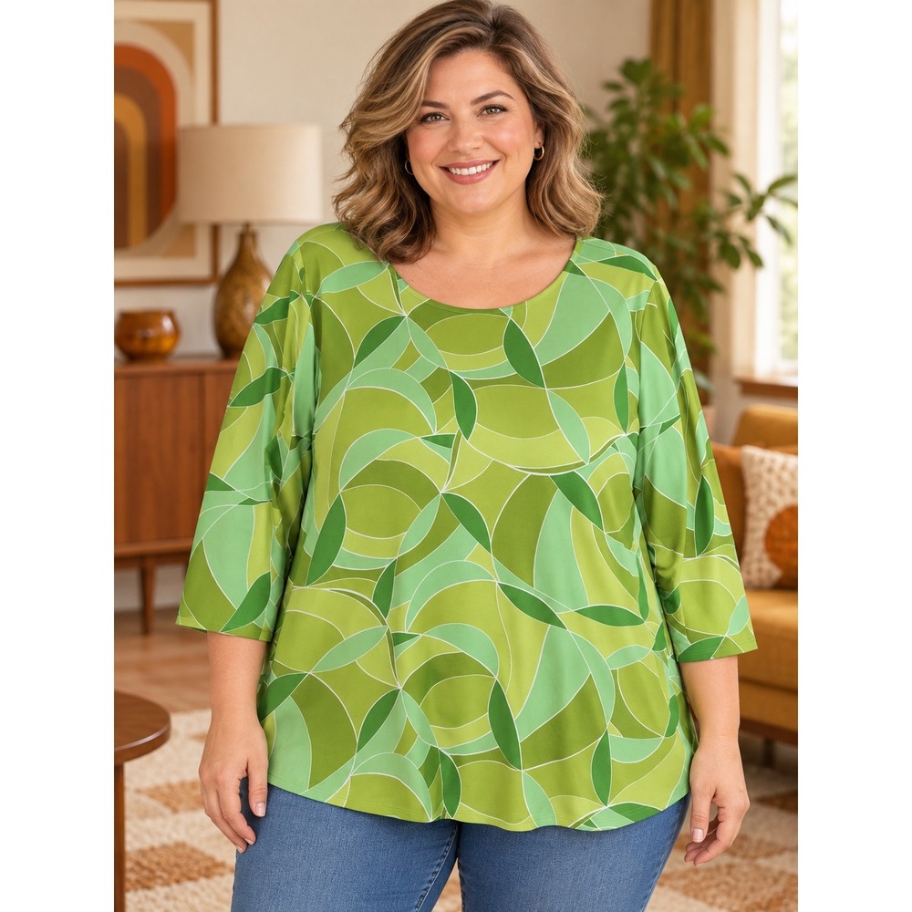 Susan Graver Tunic Women 2X Green Geometric Liquid Knit 3/4 Sleeve Stretch Comfy